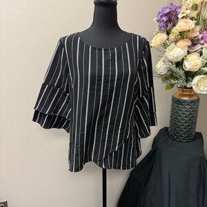 Alyx Black White Pinstripe Ruffle Sleeve Blouse L Layered Flowy Top Work Chic